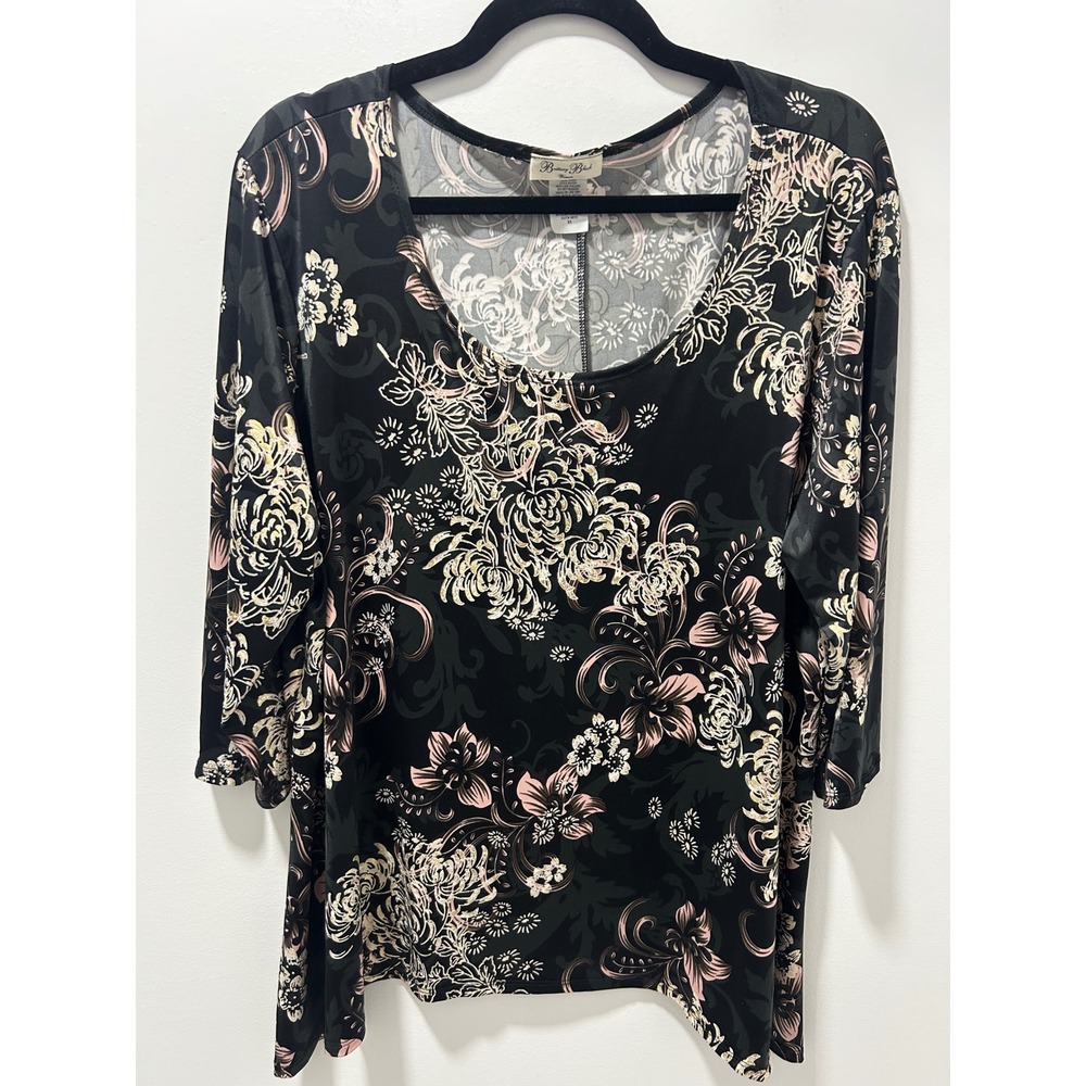 Brittany Black Woman Floral 3/4 Sleeve Scoop Neck Top Black Pink Gold 3X HT2021X